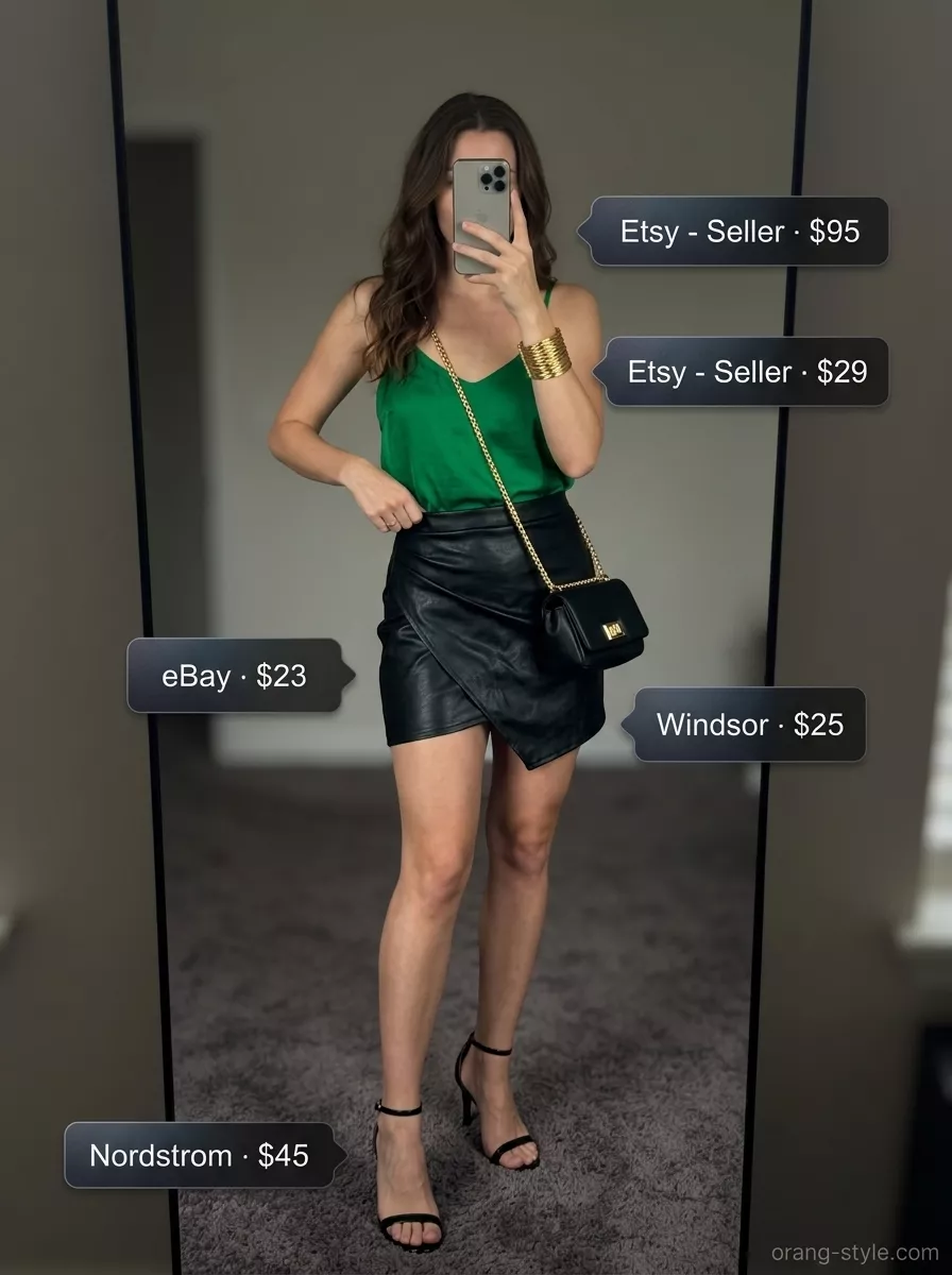 Wrap Mini Skirt Outfits Summer 2026: Emerald City Emerald City Nights outfit: black faux leather wrap mini skirt, silk camisole, heeled sandals, and gold bracelet for summer 2026.