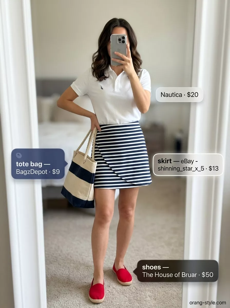 Nautical Riviera Wrap Mini Skirt Outfits Summer 2026 Navy stripe wrap mini skirt outfit for nautical style with white polo & red espadrilles. Summer 2026.