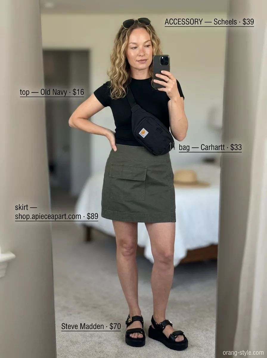 Safari Explorer Wrap Mini Skirt Outfits Summer 2026 Olive green utility wrap mini skirt outfit for safari style with black tee & platform sandals. Summer 2026.