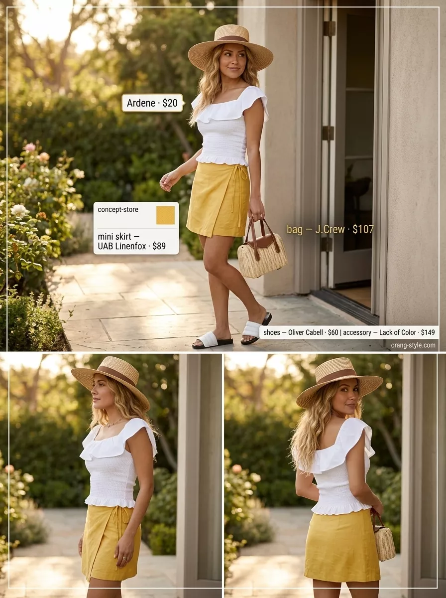 Wrap Mini Skirt Outfits Summer 2026: Sunshine Brunch Vibes Bright yellow linen wrap mini skirt outfit for summer 2026 brunch with white off-shoulder top and straw hat.