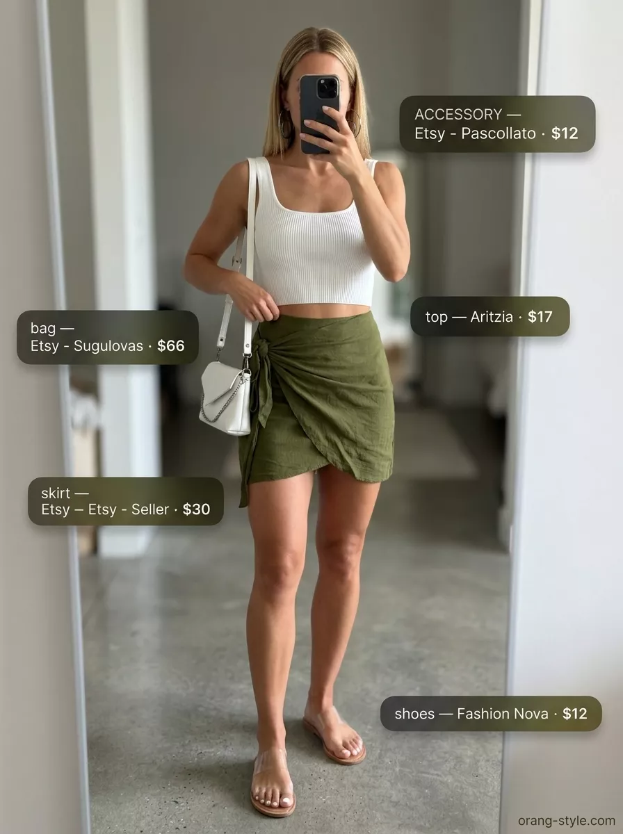 Pool Party Wrap Mini Skirt Outfits Summer 2026 Lime green wrap mini skirt outfit for a pool party with white crop top & PVC sandals. Summer 2026 fashion.