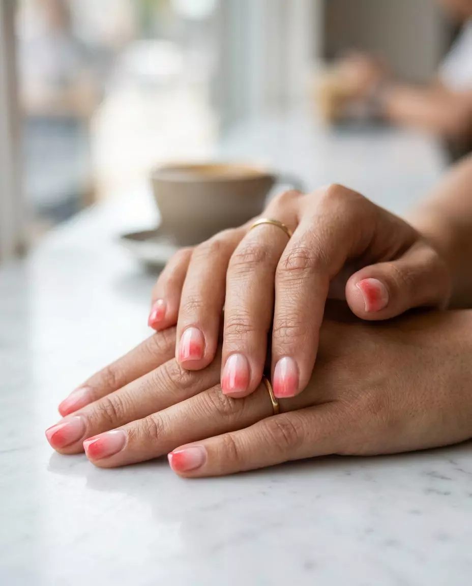 Airbrushed Strawberry Gradient Square nails: Whimsical pink to red gradient.