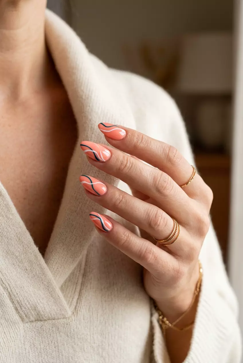 Almond Summer Nails 2026: Coral Abstract Art Light coral abstract line almond nails 2026 for fair skin, great for parties.