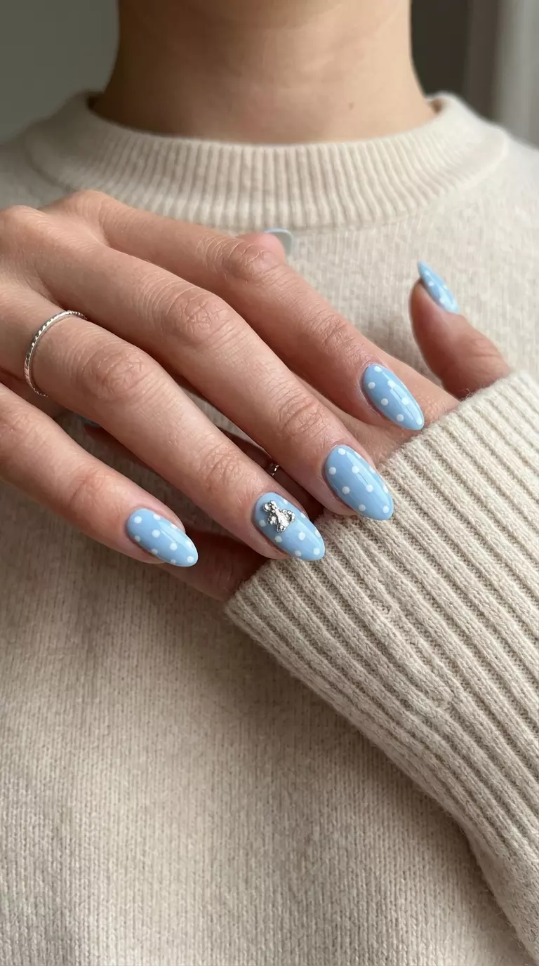 Almond Summer Nails 2026: Baby Blue Polka Dot Charm Almond summer nails 2026 for fair skin: Baby blue with white polka dots and silver charm.