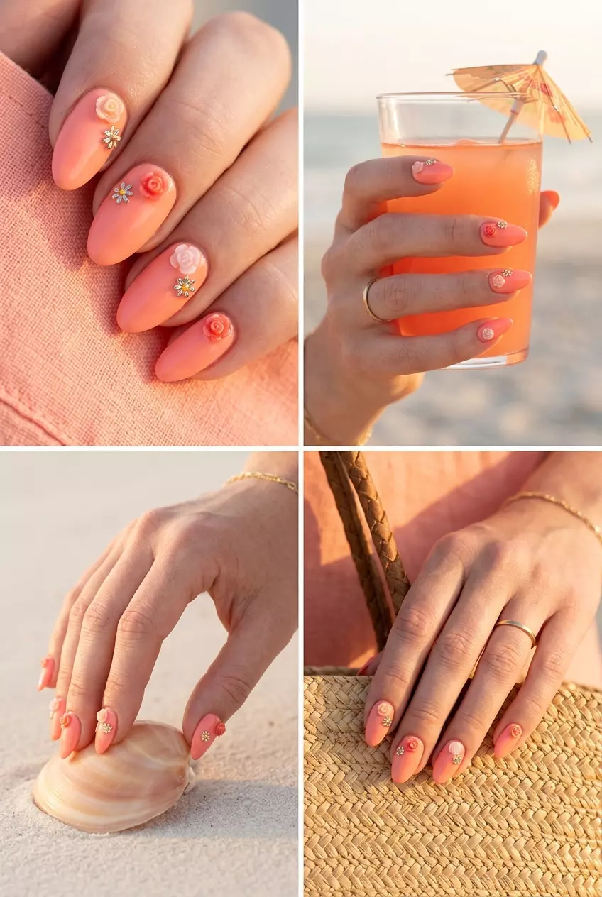 Almond Summer Nails 2026: Coral Floral Charms Almond summer nails 2026 for fair skin: Light coral gel with 3D floral charms for summer events.