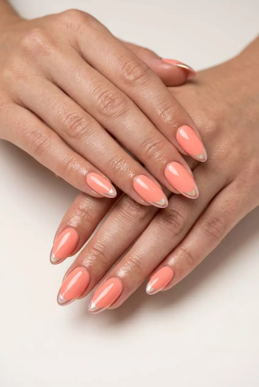 Light Coral Chrome Almond Nails 2026 | Party Style Light coral chrome French almond nails 2026 for fair skin: vibrant, futuristic party style.