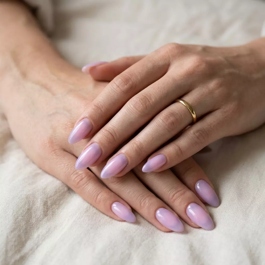 Milky Lilac Aura Almond Nails 2026 | Romantic Style Milky lilac aura almond nails 2026 for fair skin: ethereal, romantic party style.