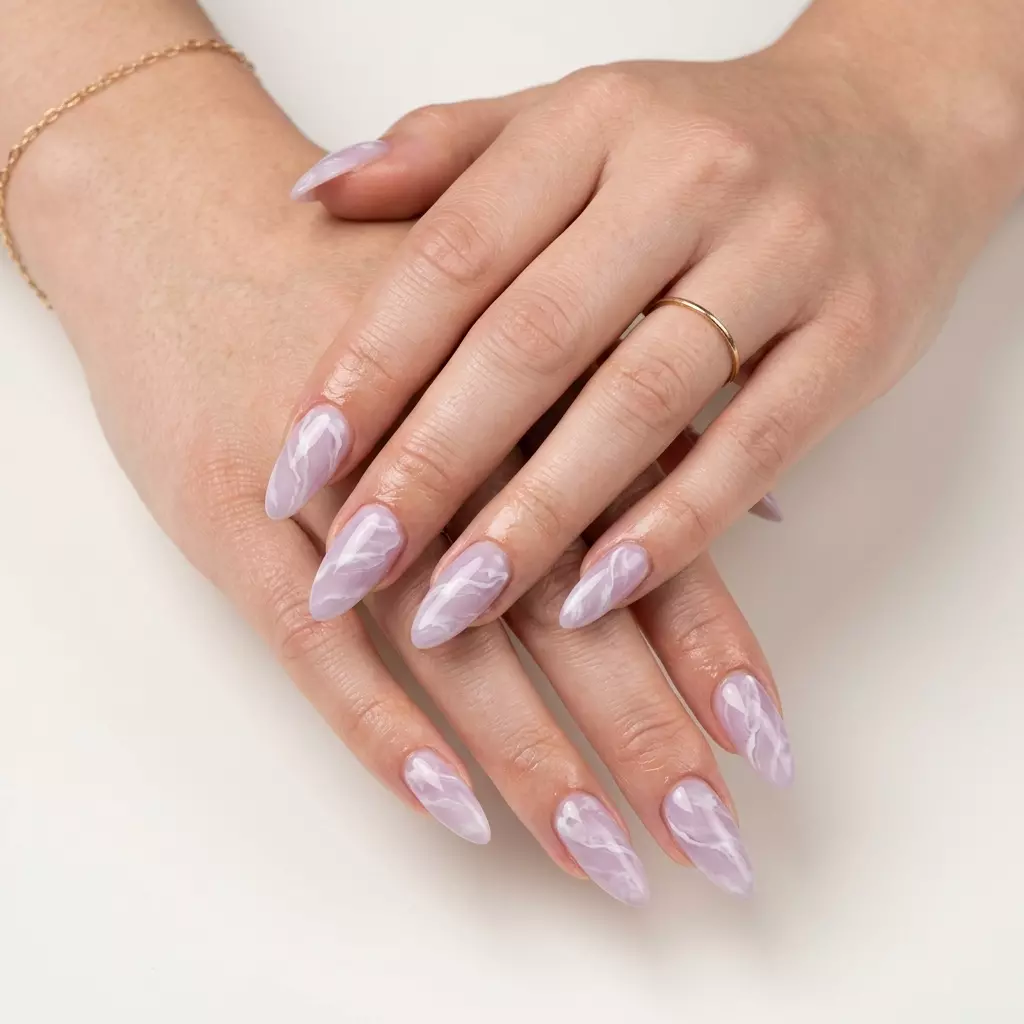 Almond Summer Nails 2026: Milky Lilac Marble Elegance Almond summer nails 2026 for fair skin: Milky lilac marble for formal events and weddings.