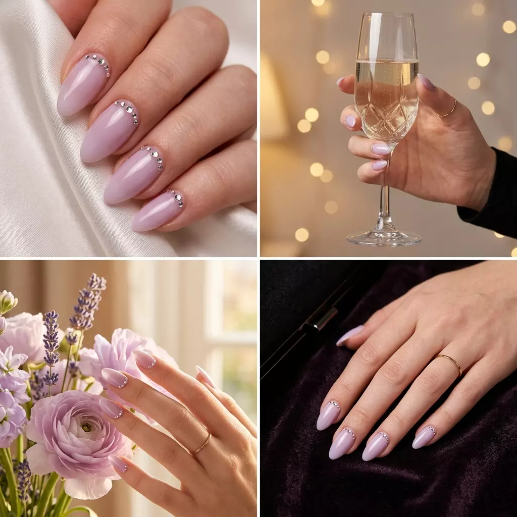 Almond Summer Nails 2026: Milky Lilac Rhinestone Dewdrops Almond summer nails 2026 for fair skin: Milky lilac with rhinestone dewdrops for evening events.