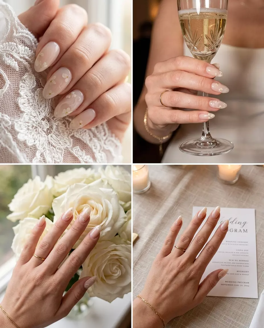 Almond Summer Nails 2026: Nude Milk Bath Petals Almond summer nails 2026 for fair skin: Sheer nude with delicate dried flowers for romantic events.