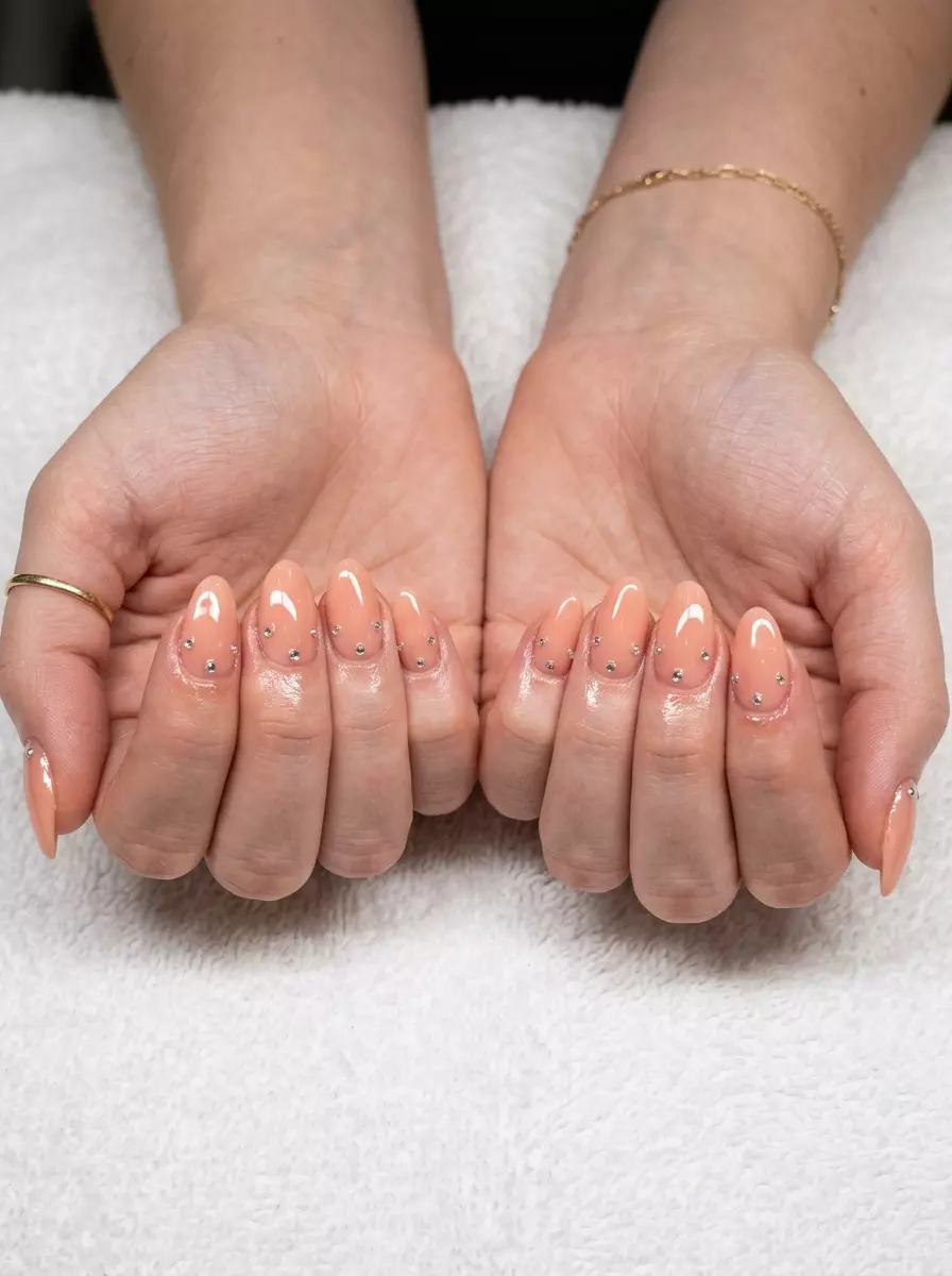 Almond Summer Nails 2026: Peach Blush Rhinestone Sparkle Almond summer nails 2026 for fair skin: Peach blush with clear rhinestones for glamorous evenings.