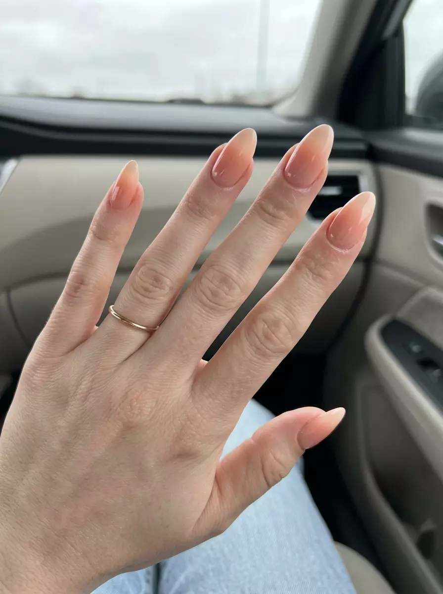 Peach Sunset Gradient Almond Nails 2026 | Formal Style Airbrushed peach sunset gradient almond nails 2026 for fair skin: romantic formal event style.