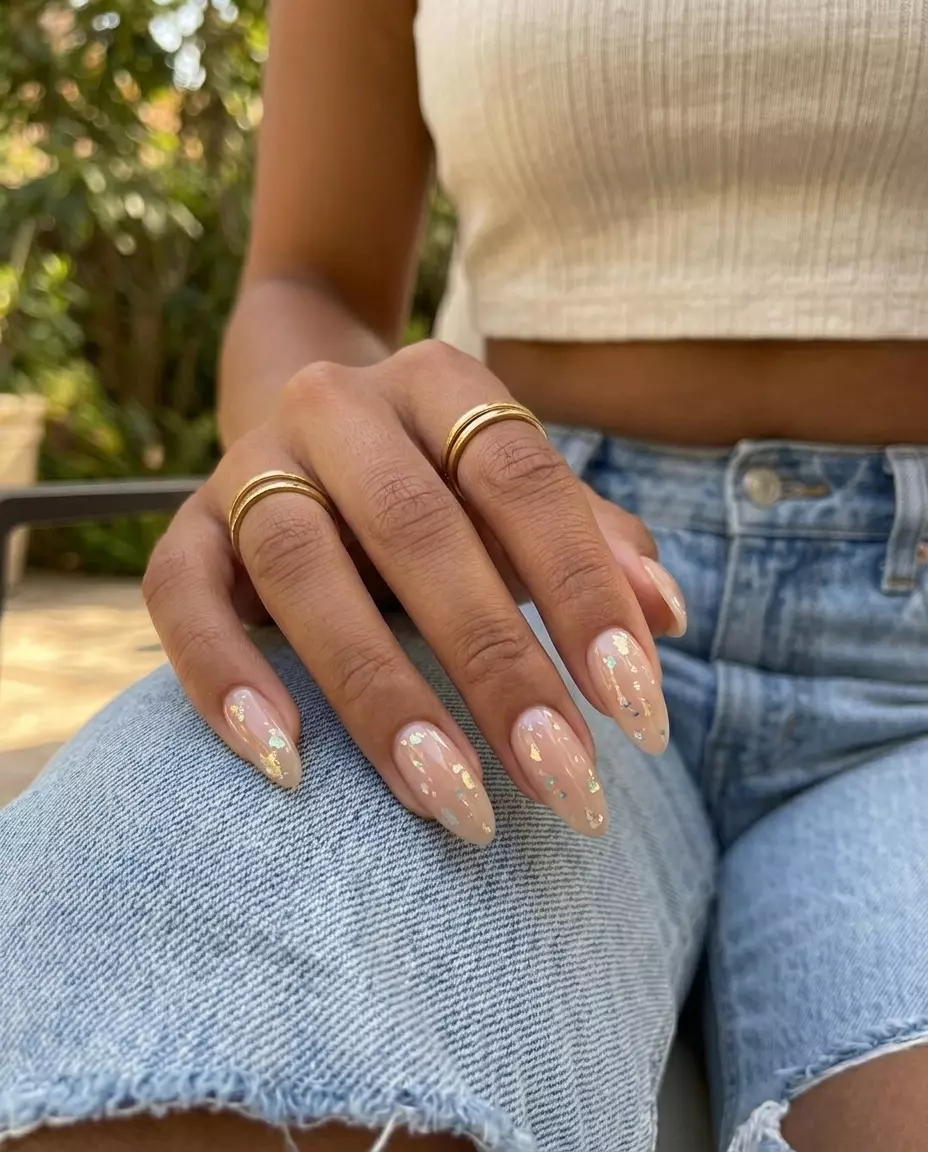 Sheer Nude Foil Flake Almond Nails 2026 | Chic Style Sheer nude foil flake almond nails 2026 for fair skin: minimalist chic everyday wear.