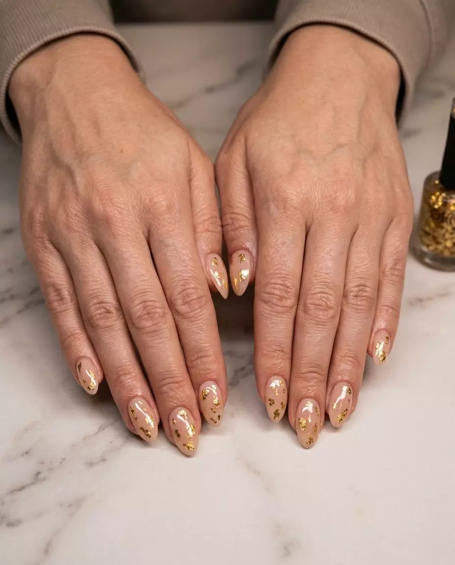 Almond Summer Nails 2026: Golden Hour Foil Golden hour sheer nude almond nails 2026 with foil for fair skin, ideal for weddings.