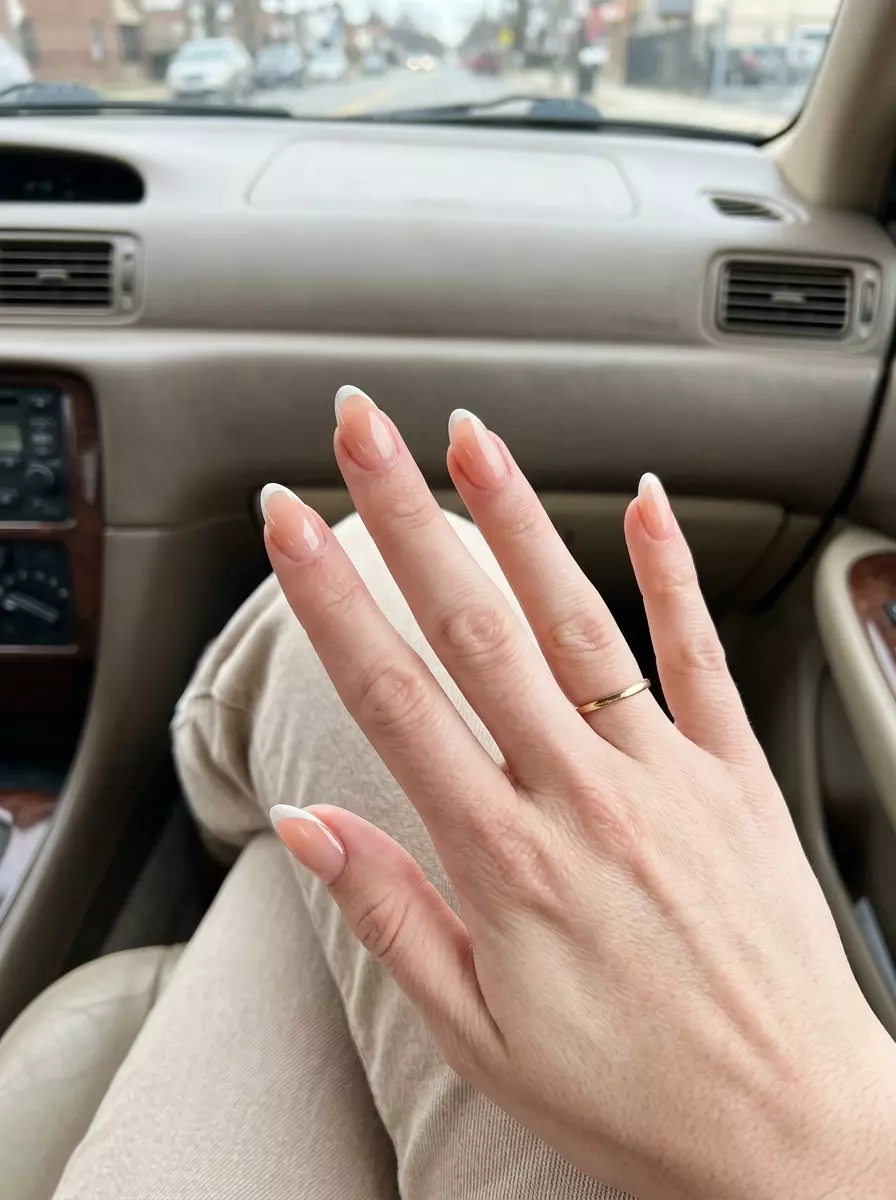 Peach Blush Micro French Almond Nails 2026 Peach blush micro French almond nails for weddings 2026. Elegant for fair skin.