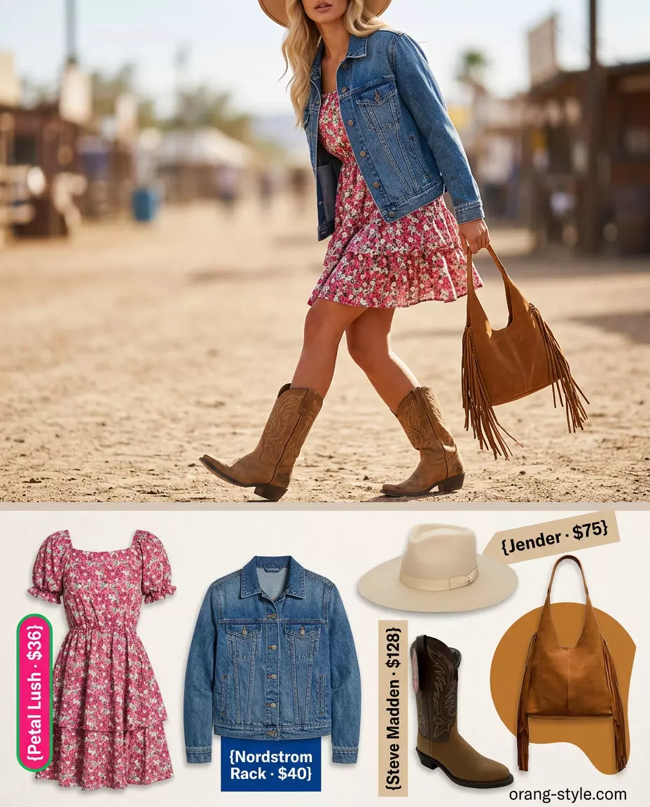Festival ready denim jacket outfit for women 2026: floral mini dress, cowboy boots, fedora.