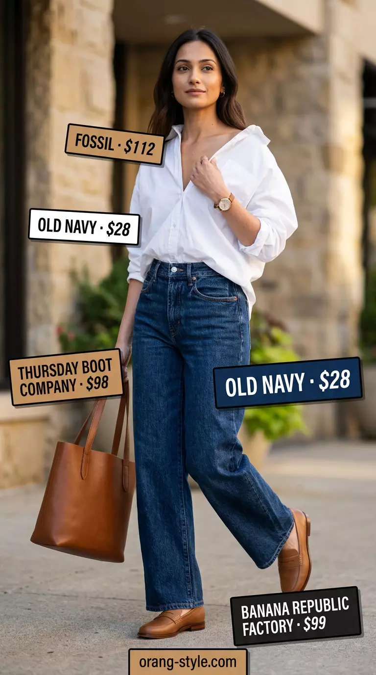 Classic summer linen pants outfit: navy pants, white shirt, loafers. Alternative to wide leg jeans summer 2026.