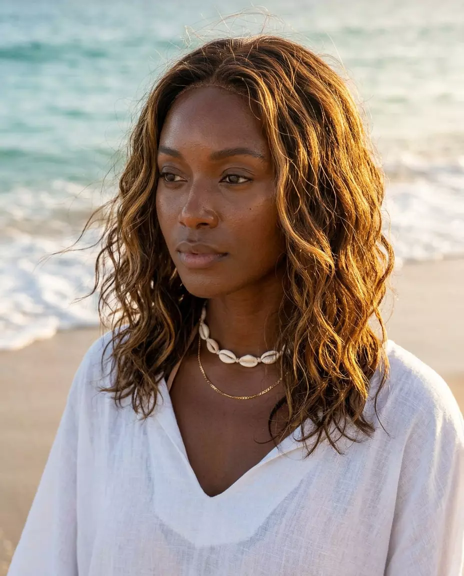 long natural waves with amber ale balayage and messy texture for summer 2026