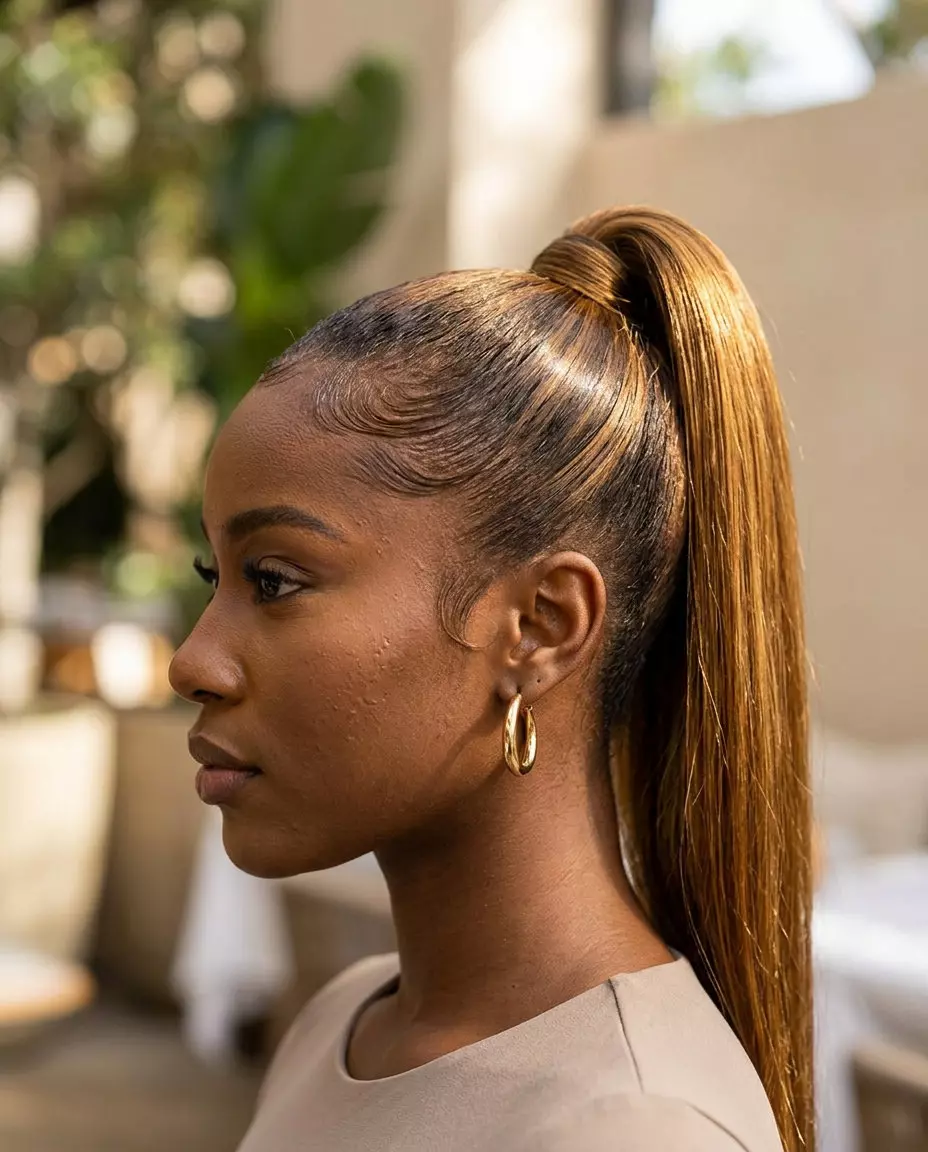 long sleek high ponytail in amber ale with defined edges for summer 2026