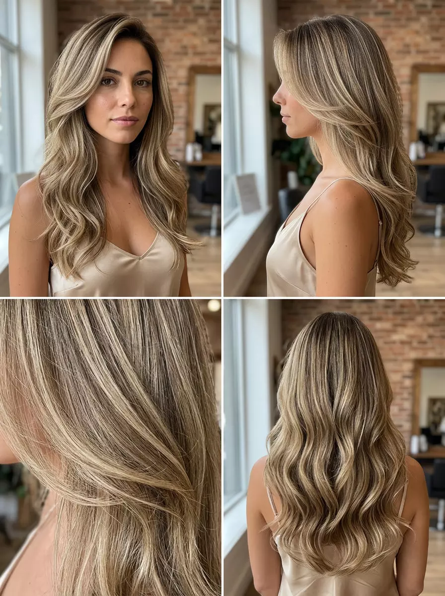 long antique gold bronde with champagne highlights and seamless layers for glamour