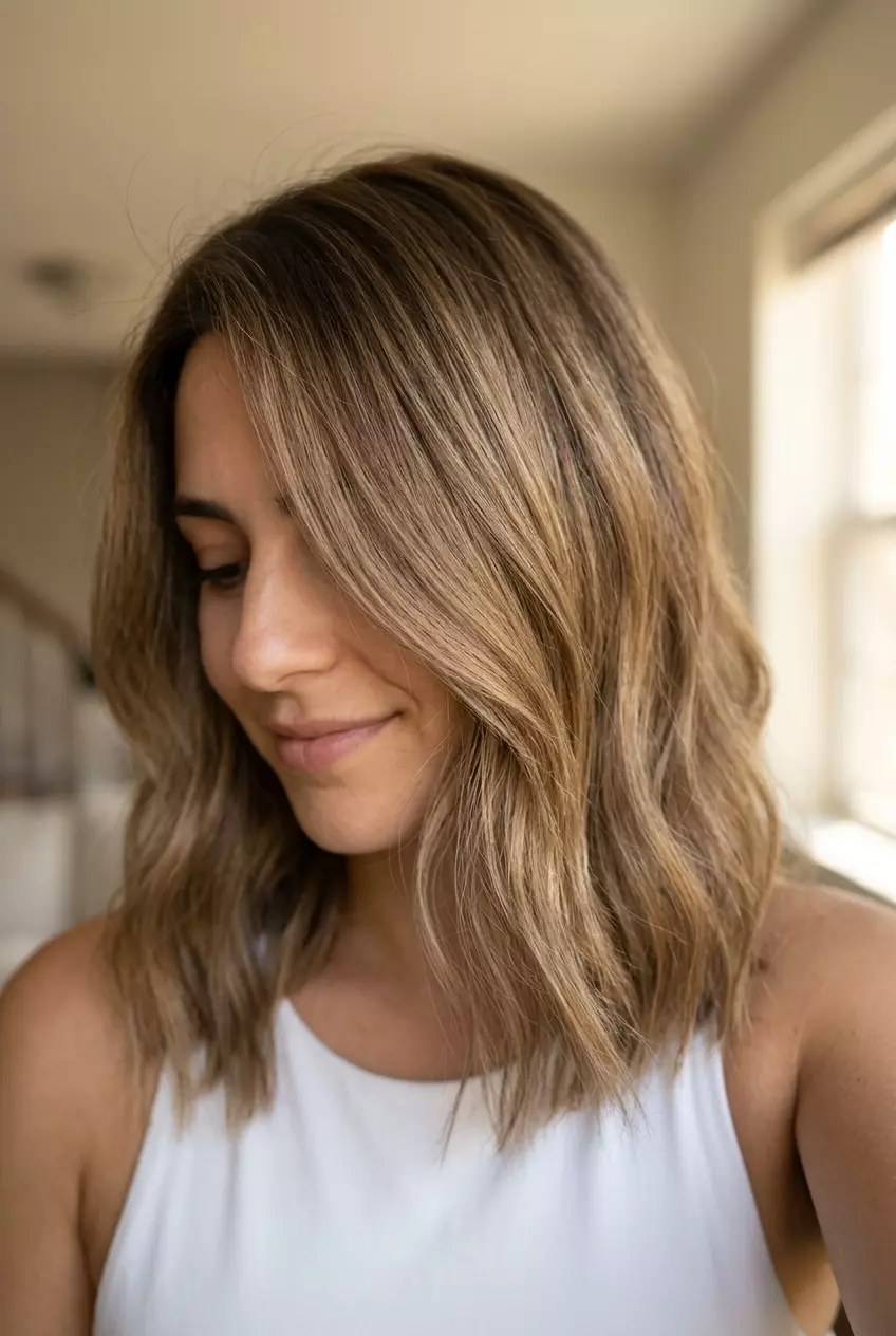 shoulder-length antique gold bronde lob haircut with internal layers and no bangs for summer