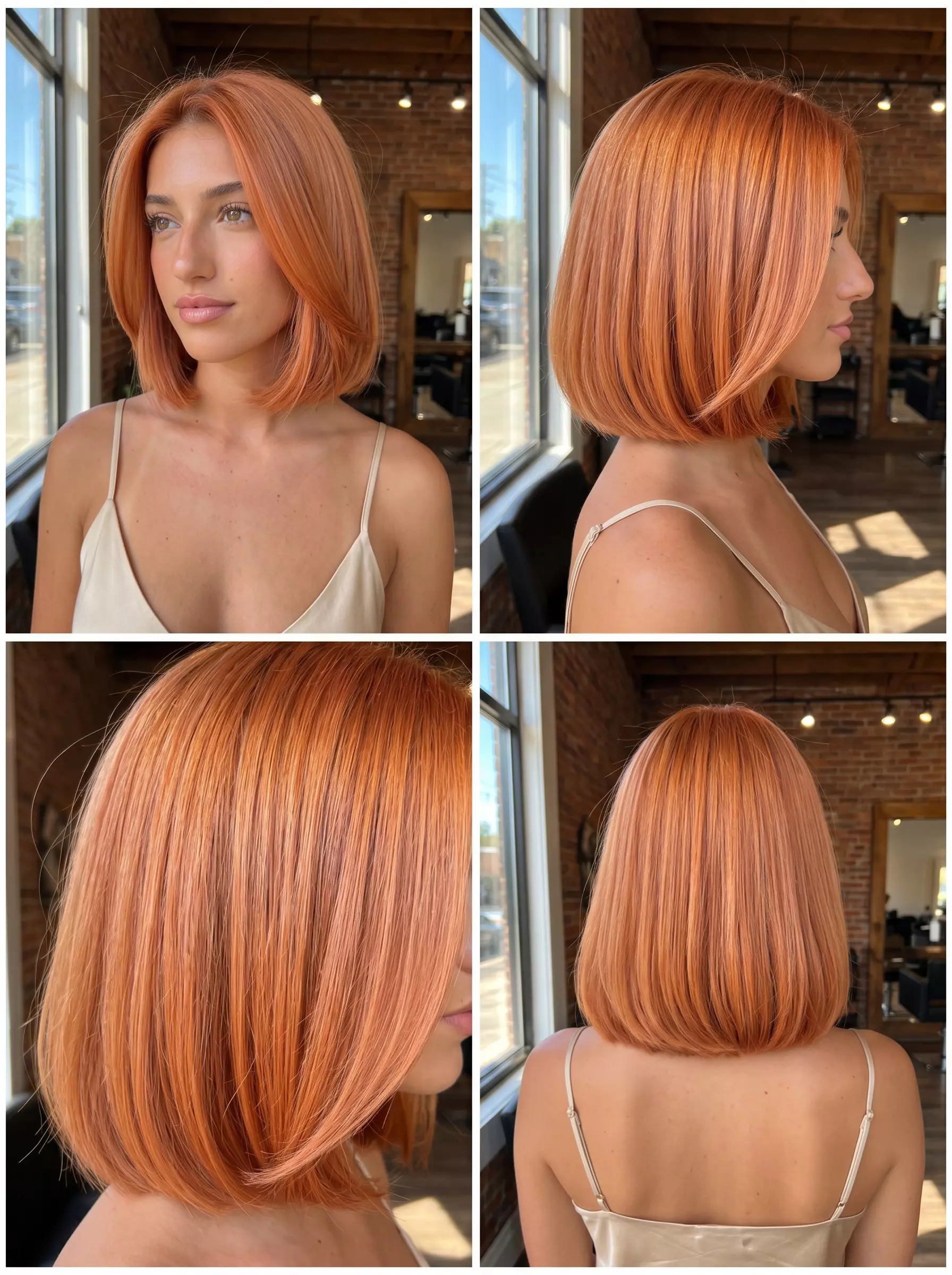 Vibrant Apricot Copper Bob 2026 chin-length Italian bob haircut with vibrant apricot copper color, blunt perimeter, no bangs — bold