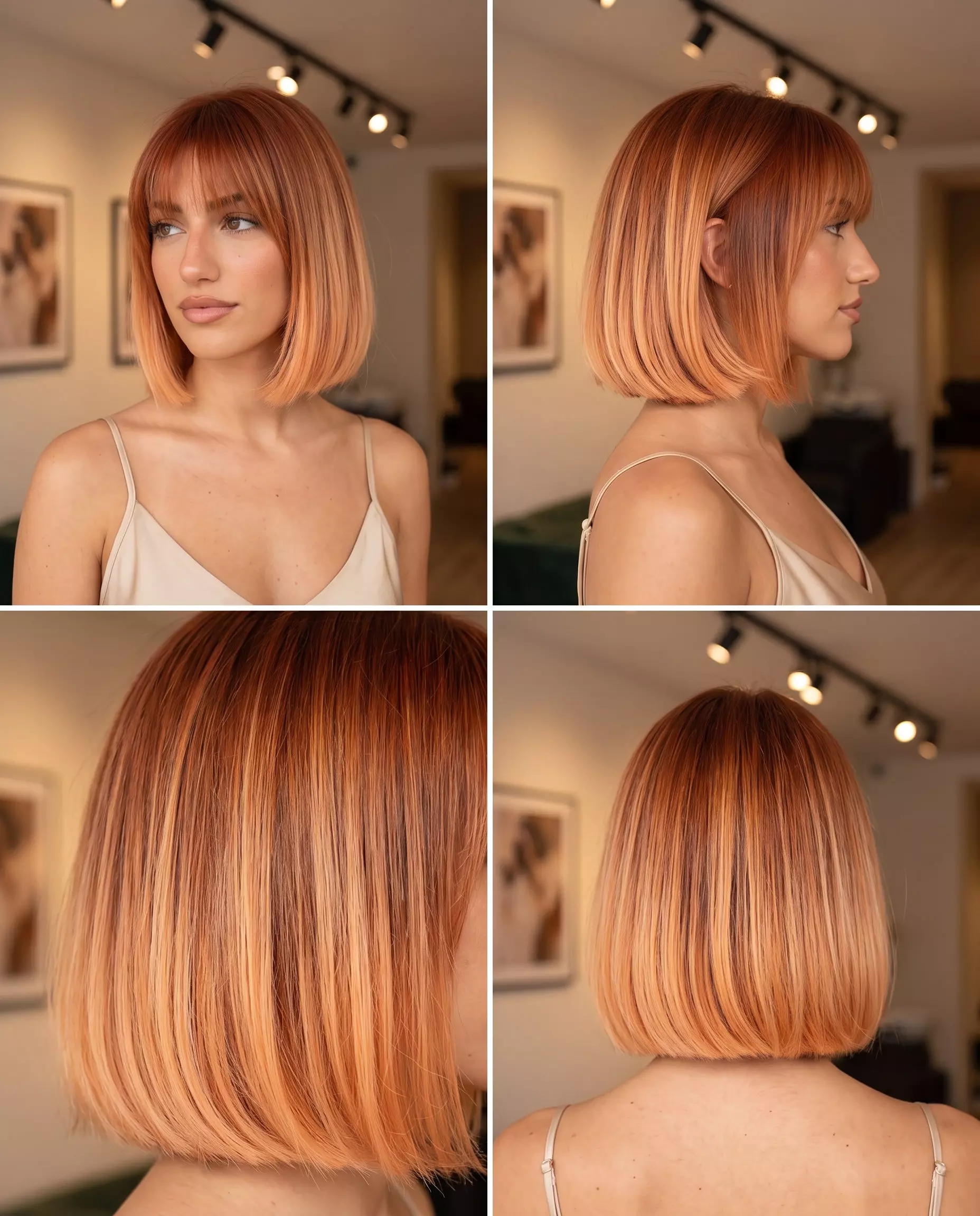 chin-length bob haircut ombre with apricot crush, copper root, peach-blonde ends, blunt razor cut &mdash; elegant and chic