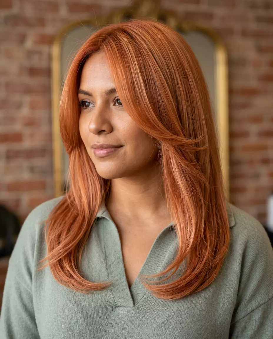 medium-long apricot copper layered cut with C-shape face-framing layers for polished daily wear