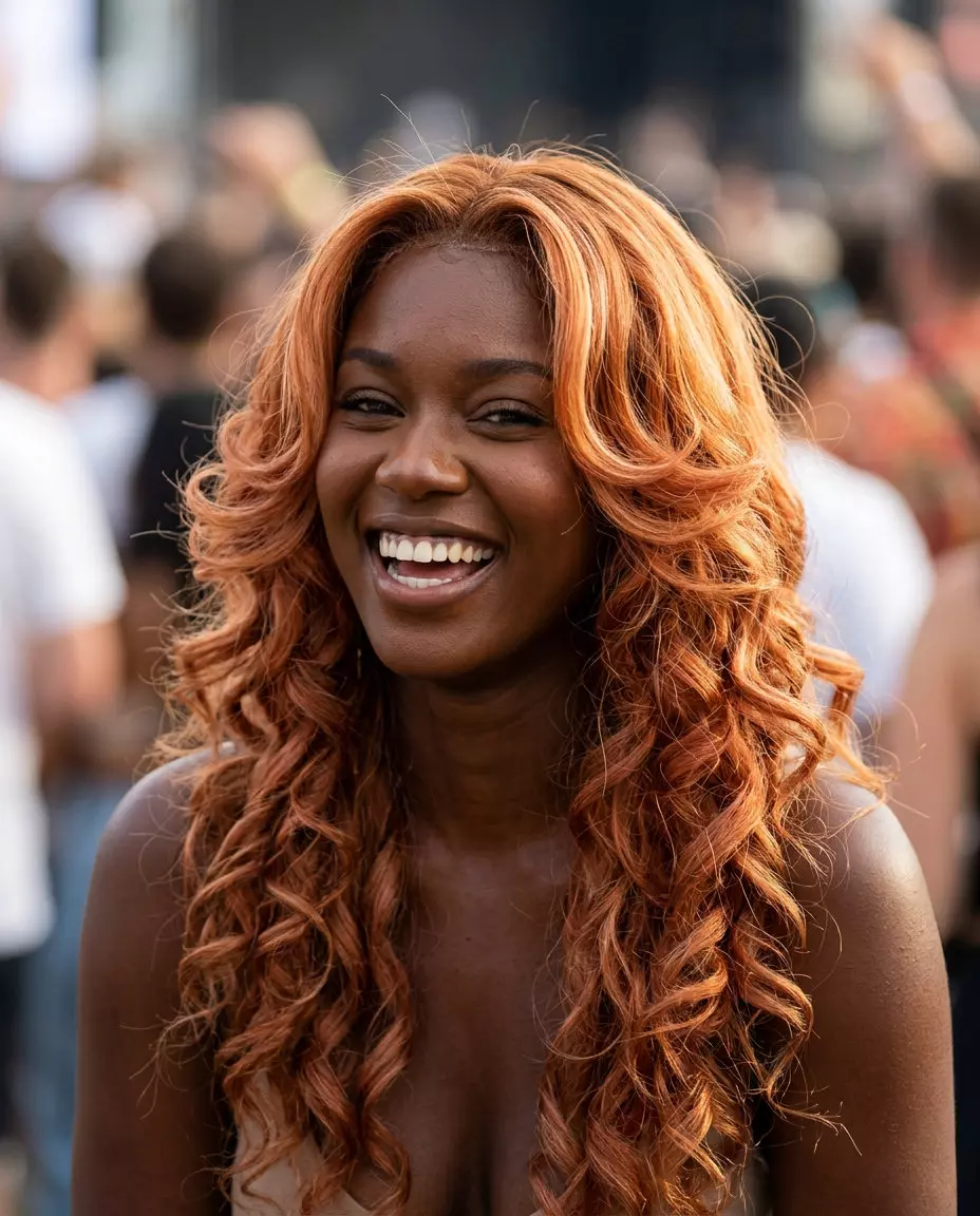 long butterfly haircut in apricot crush with strawberry blonde highlights and face-framing layers for a music festival