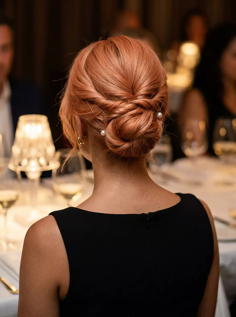 long apricot crush French chignon, elegant style for summer work