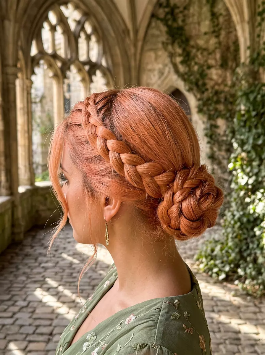 long apricot crush braided crown bun with peach highlights, face-framing layers, no fringe &mdash; romantic summer wedding