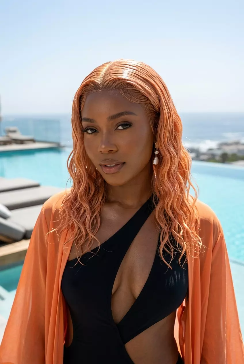 long apricot crush wet-look waves with high-shine finish and defined soft S-waves for beach day