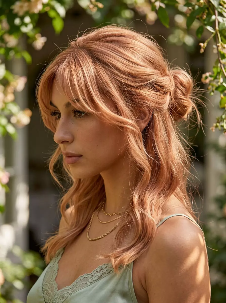 Apricot Crush Half-Up Bun Hairstyle 2026 medium length half-up bun with apricot crush hair, wispy curtain bangs, internal layers — romantic dreamy