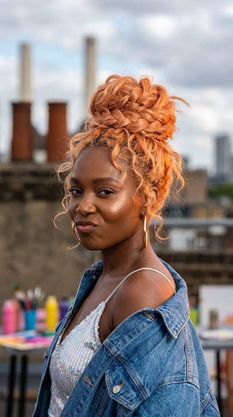 medium-long curly hair updo with apricot crush, choppy layers, playful texture &mdash; vibrant festival style