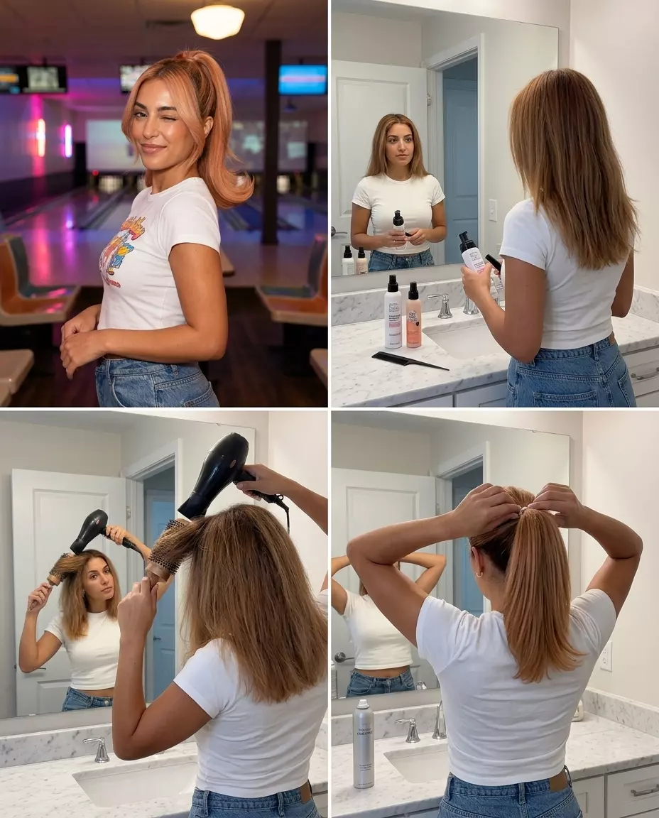 Retro Flip Ponytail 2026 medium apricot crush flipped ponytail with strawberry blonde face-framing, U-shaped back, no fringe — retro date night style