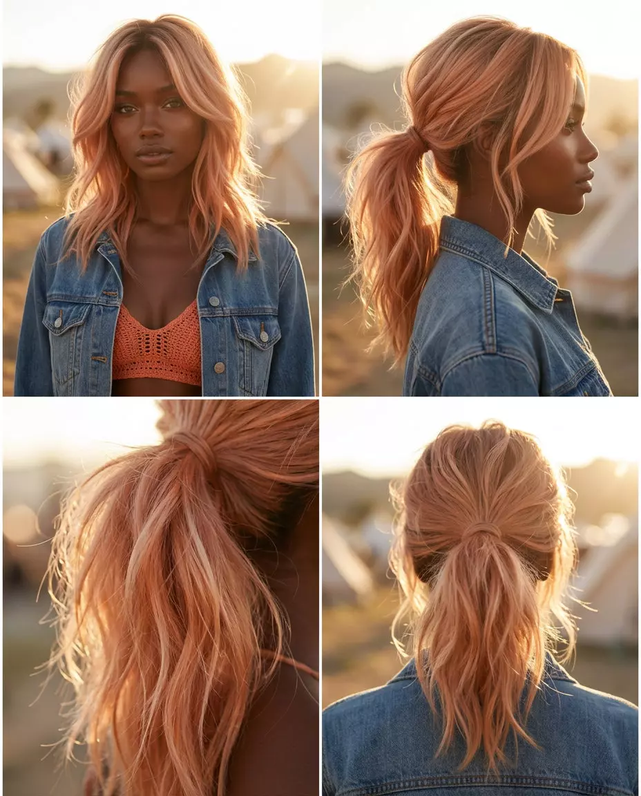 Apricot Crush Textured Ponytail 2026 medium apricot crush textured ponytail with strawberry blonde accents, slide-cut layers, face-framing — playful festival look