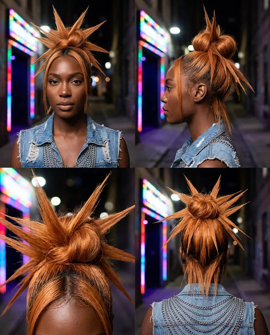 medium apricot crush spiked bun with peach highlights, razored layers, choppy fringe &mdash; edgy summer concert