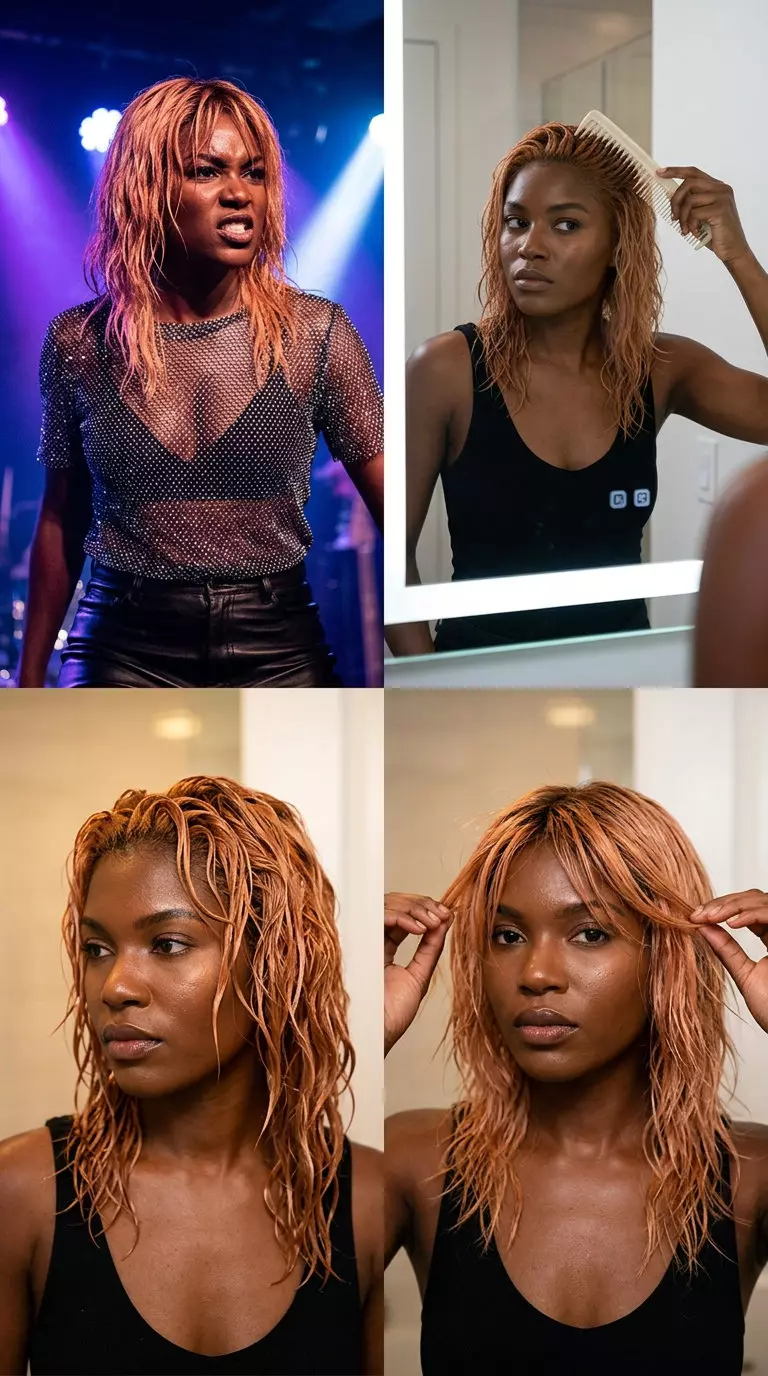Wet Look Shag: Apricot Crush Hair Color 2026 medium-length shag haircut with apricot crush & strawberry blonde highlights, choppy layers, face-framing fringe for summer