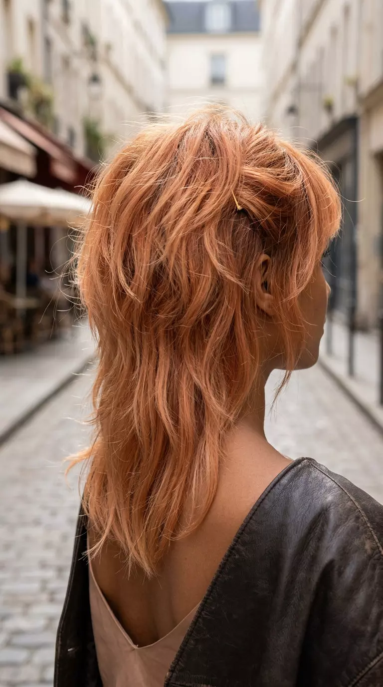 Apricot Crush Shag Hairstyle 2026 medium length shag razor cut with apricot crush hair, feathered bangs, V-cut back — edgy effortless