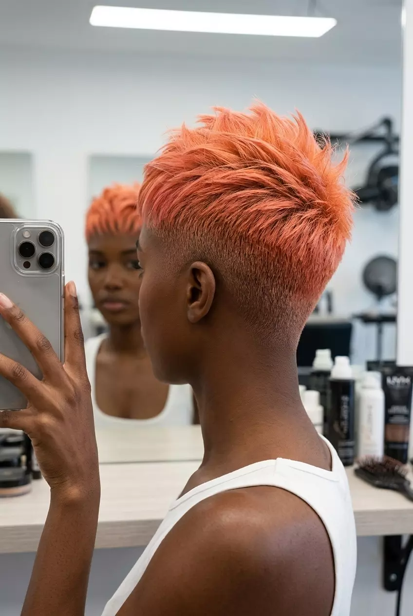 short buzz crop haircut with apricot crush, clipper fade, textured top &mdash; bold & playful