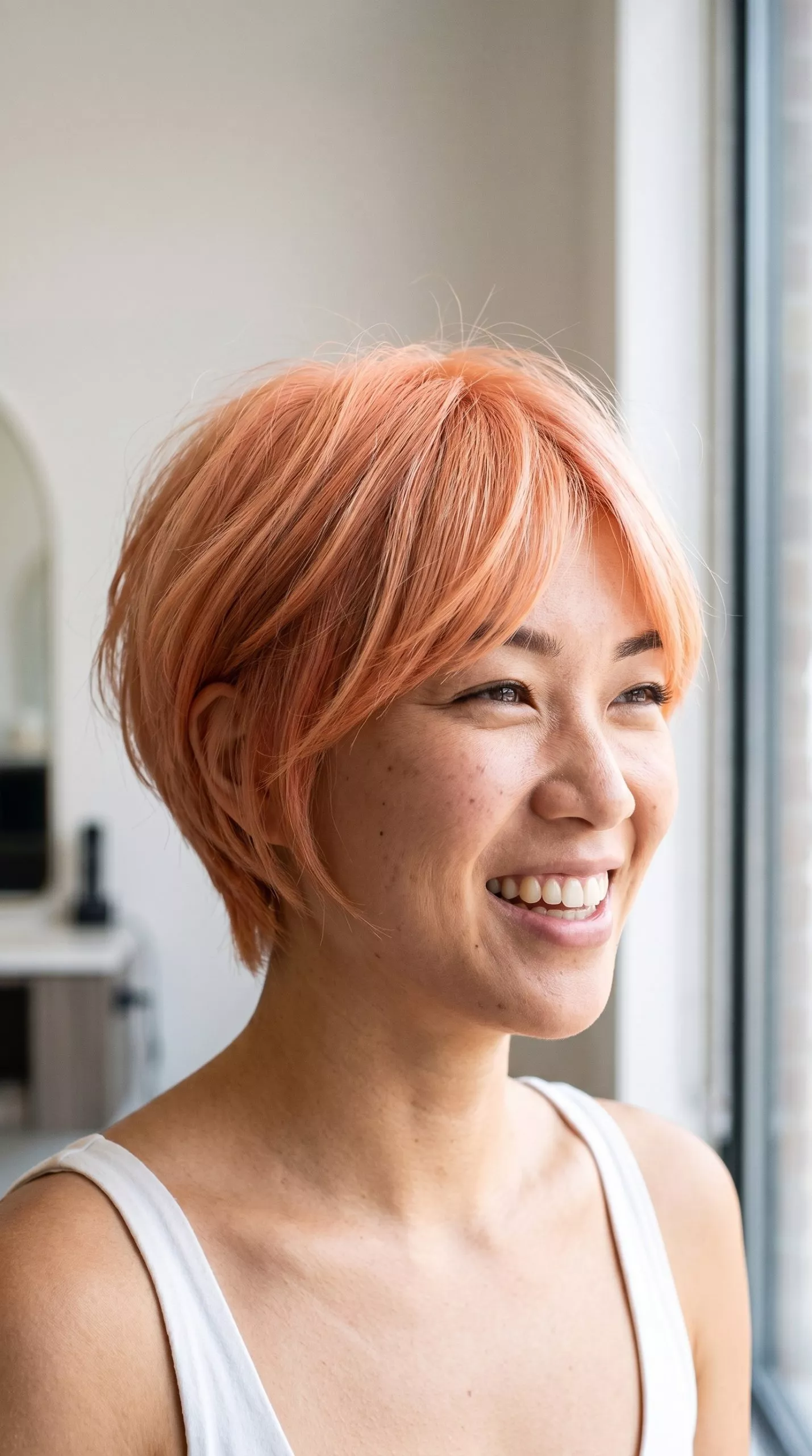 short apricot crush pixie cut with peachy blush tones, textured bangs, for daily wear