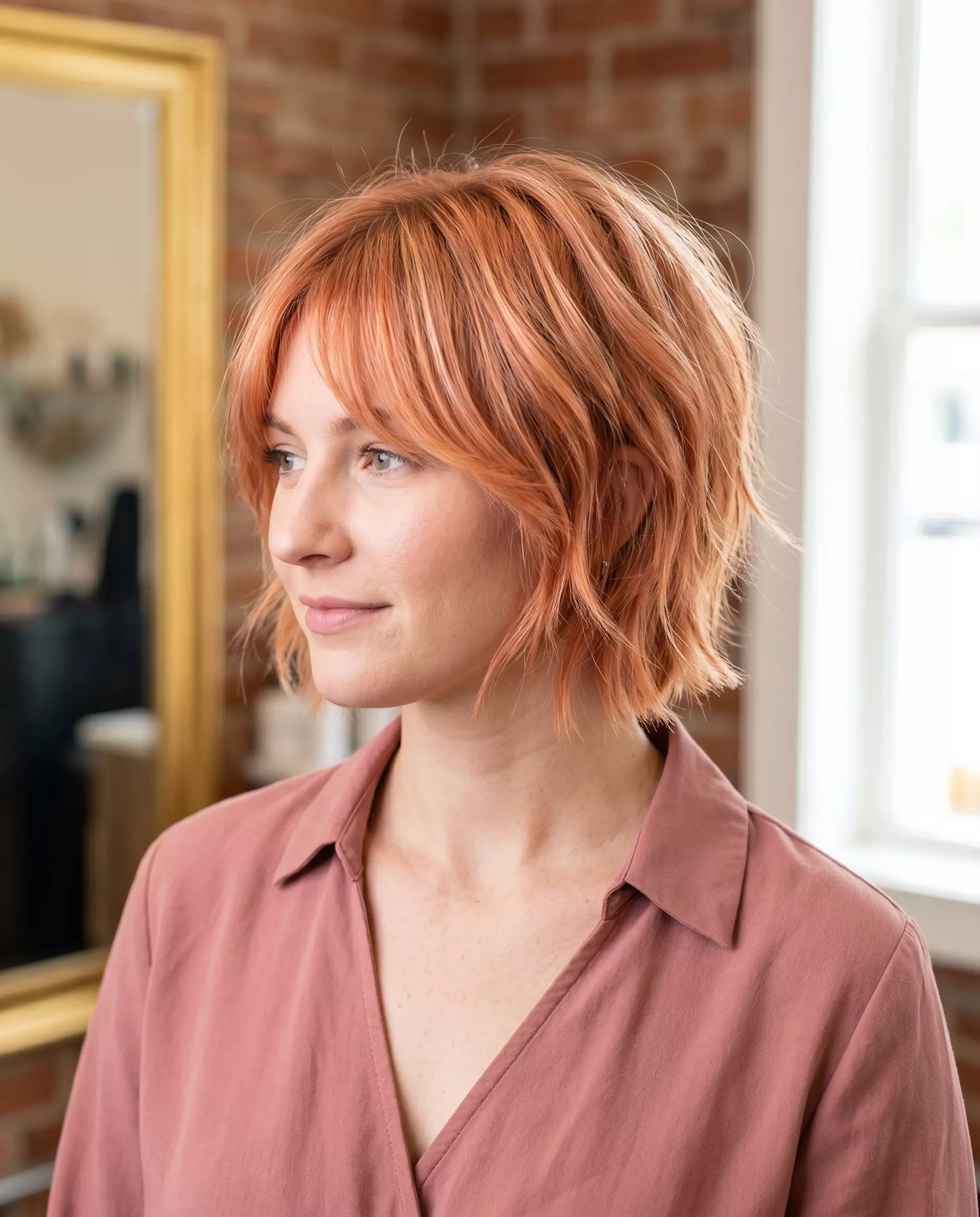 Apricot Crush Shag: Short Summer Haircut 2026 short shag haircut in apricot crush with strawberry blonde highlights, choppy layers and curtain bangs for summer