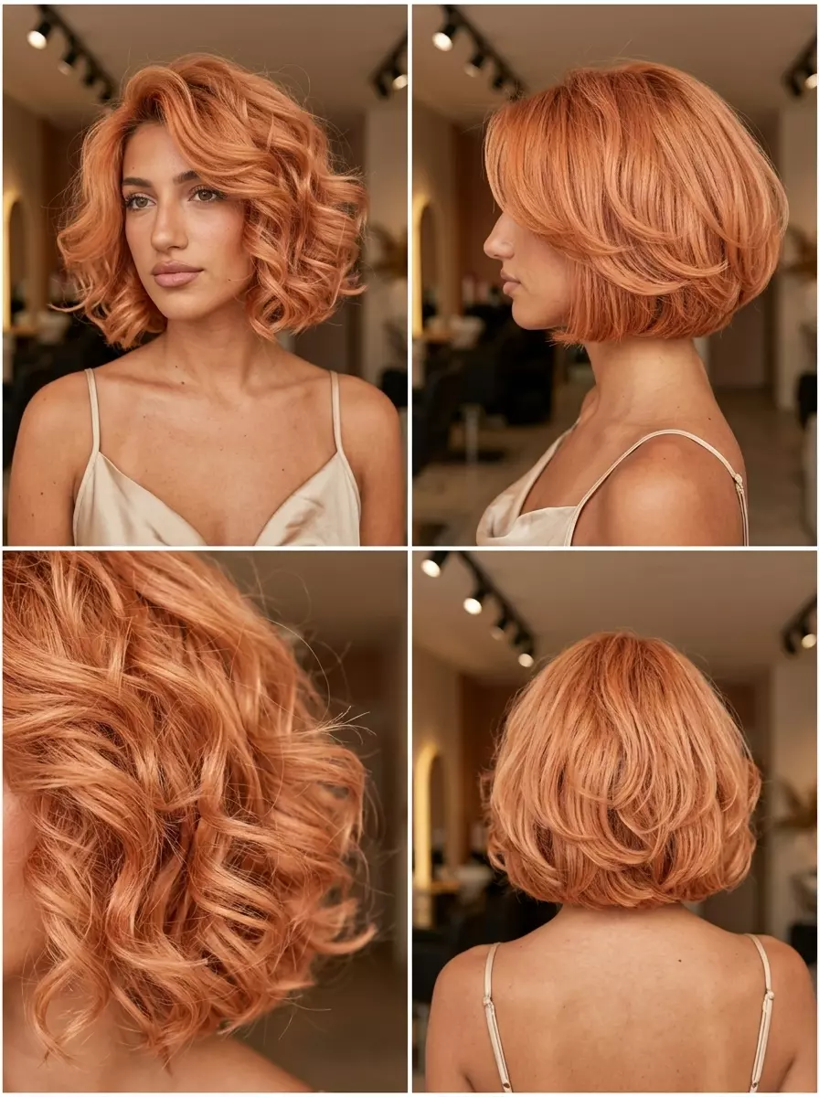 The '90s Siren' Short Voluminous Haircut 2026 short voluminous haircut with Apricot Crush color, internal layering, face-framing layers — bold summer look
