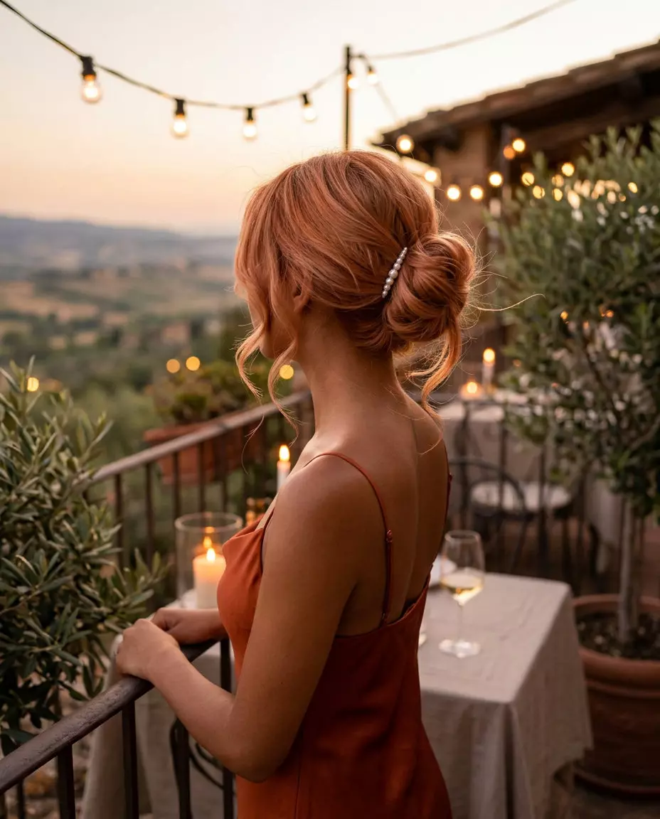 shoulder-length layered haircut in apricot crush with babylights and curtain bangs for summer