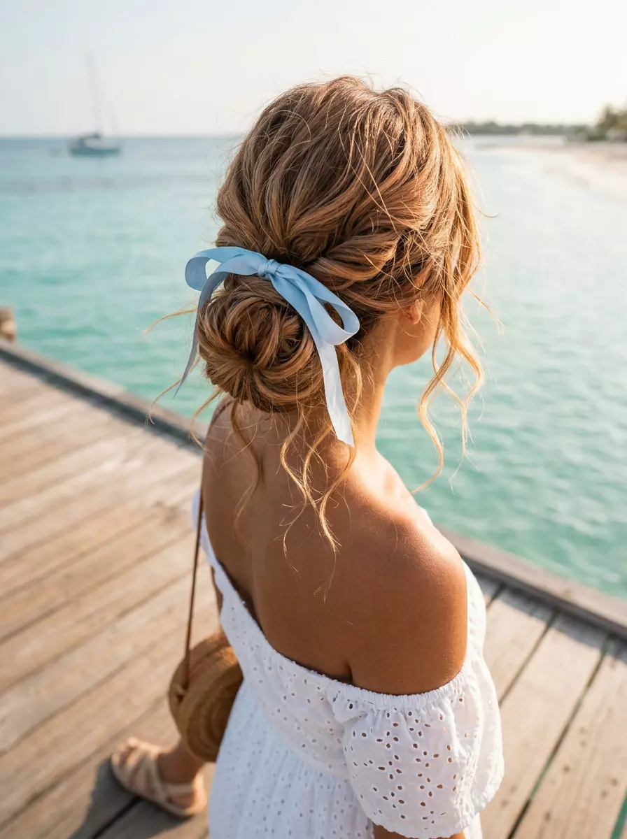 apricot crush messy bun updo with silk ribbon and face-framing tendrils for a garden party