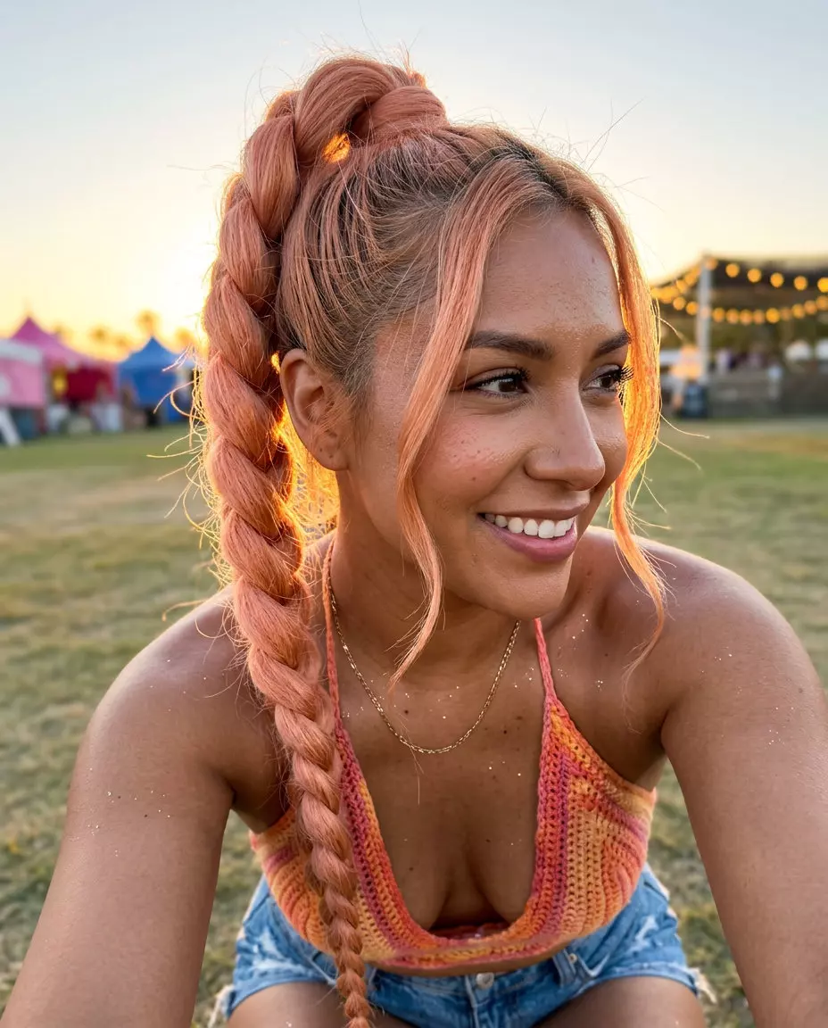 Braided Apricot Ponytail 2026 long apricot crush ponytail with strawberry blonde face-framing and internal layers for a boho look