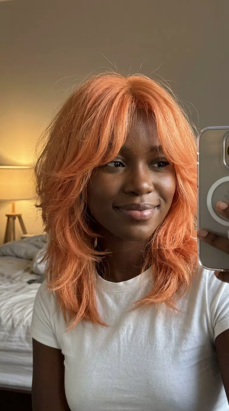medium apricot crush shag haircut with textured layers and curtain bangs for summer