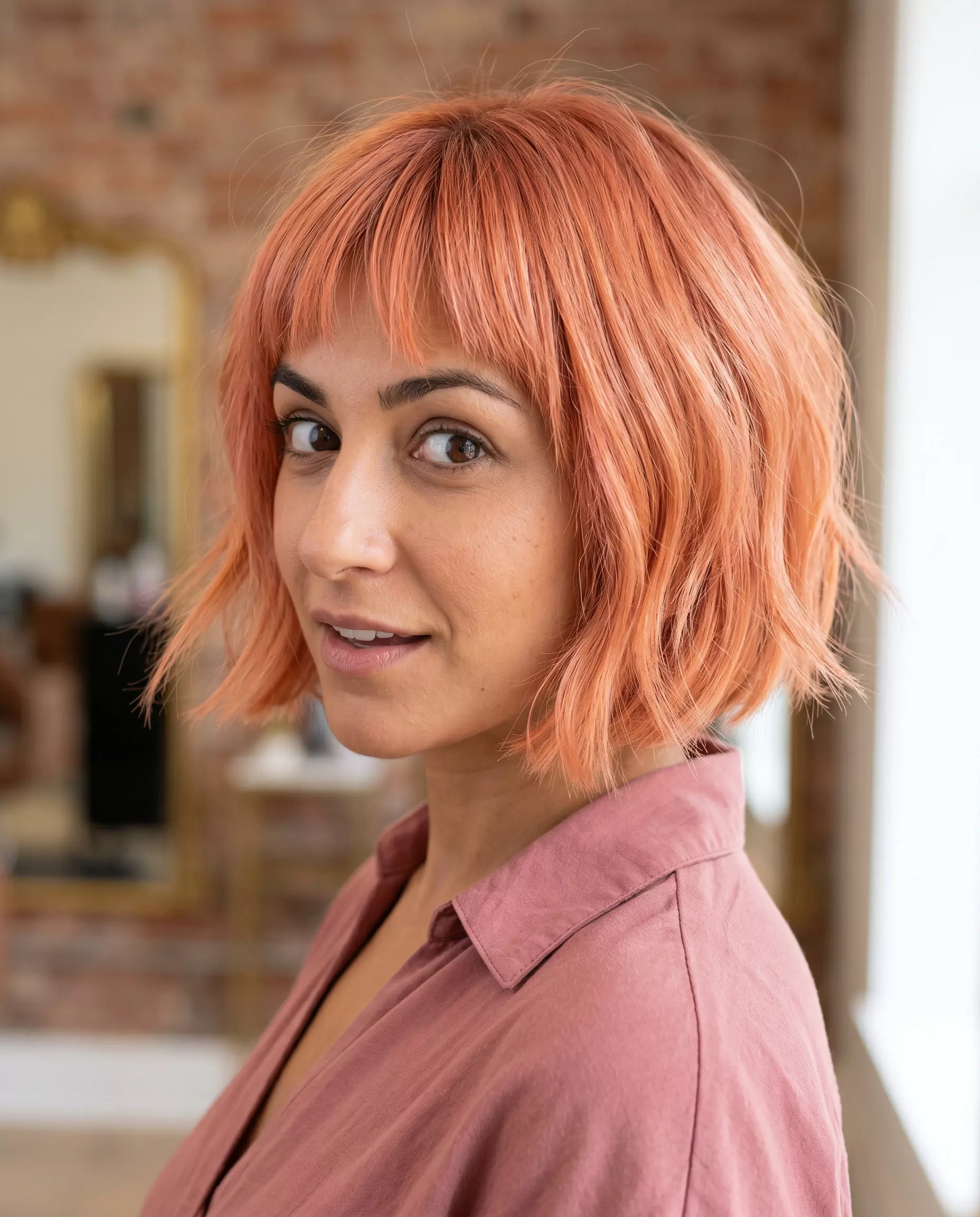 chin-length textured bob haircut with apricot orange peach undertones and micro-fringe for a playful look