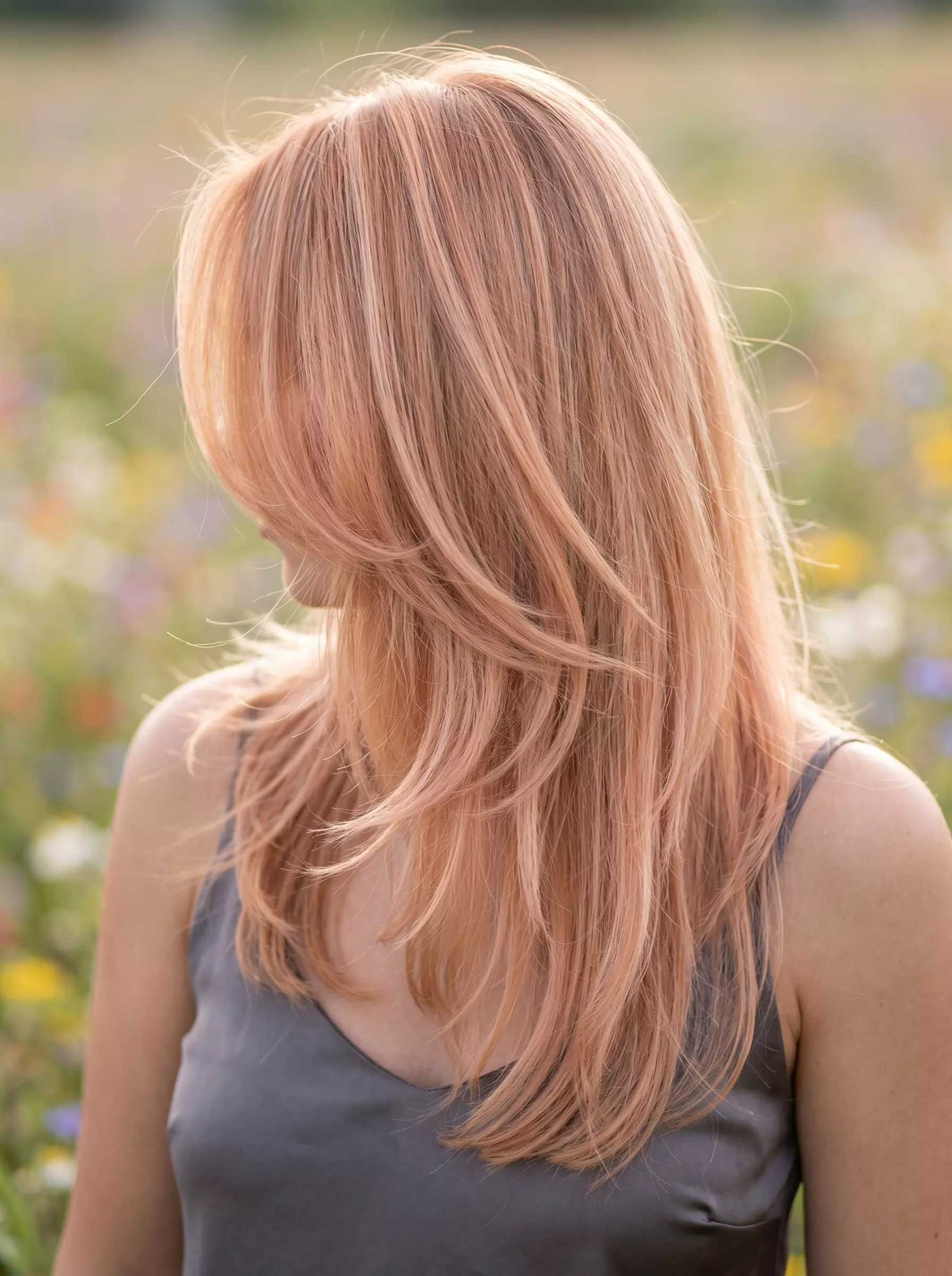 long butterfly haircut with muted apricot pastel, strawberry blonde highlights, and wispy fringe for summer 2026