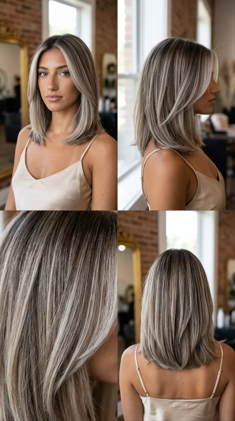 long cool ash blonde & deep ash brown balayage with shadowed root, reverse balayage, no fringe &mdash; elegant professional look